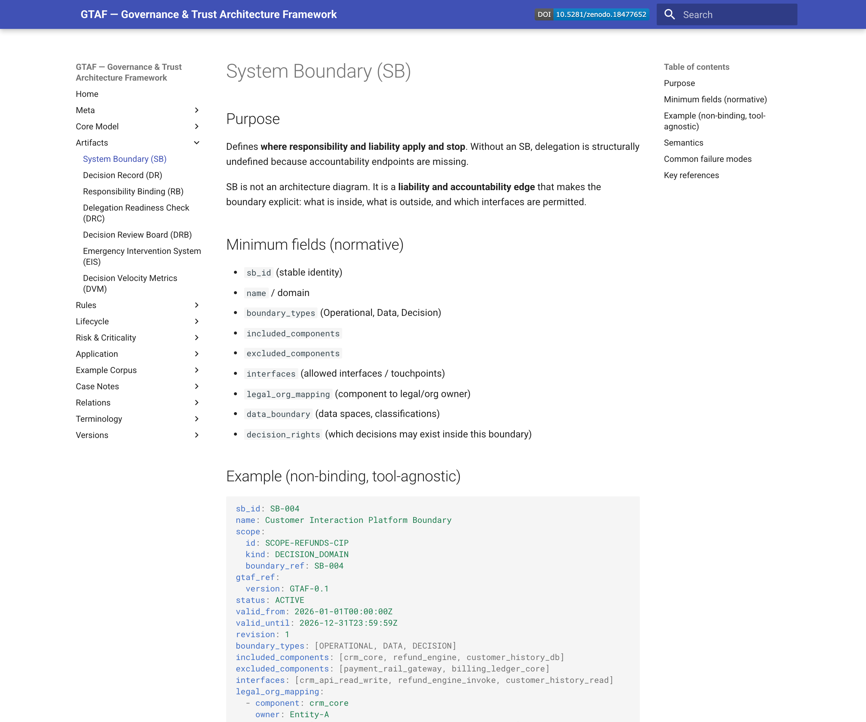 Public GTAF reference page for the System Boundary artifact