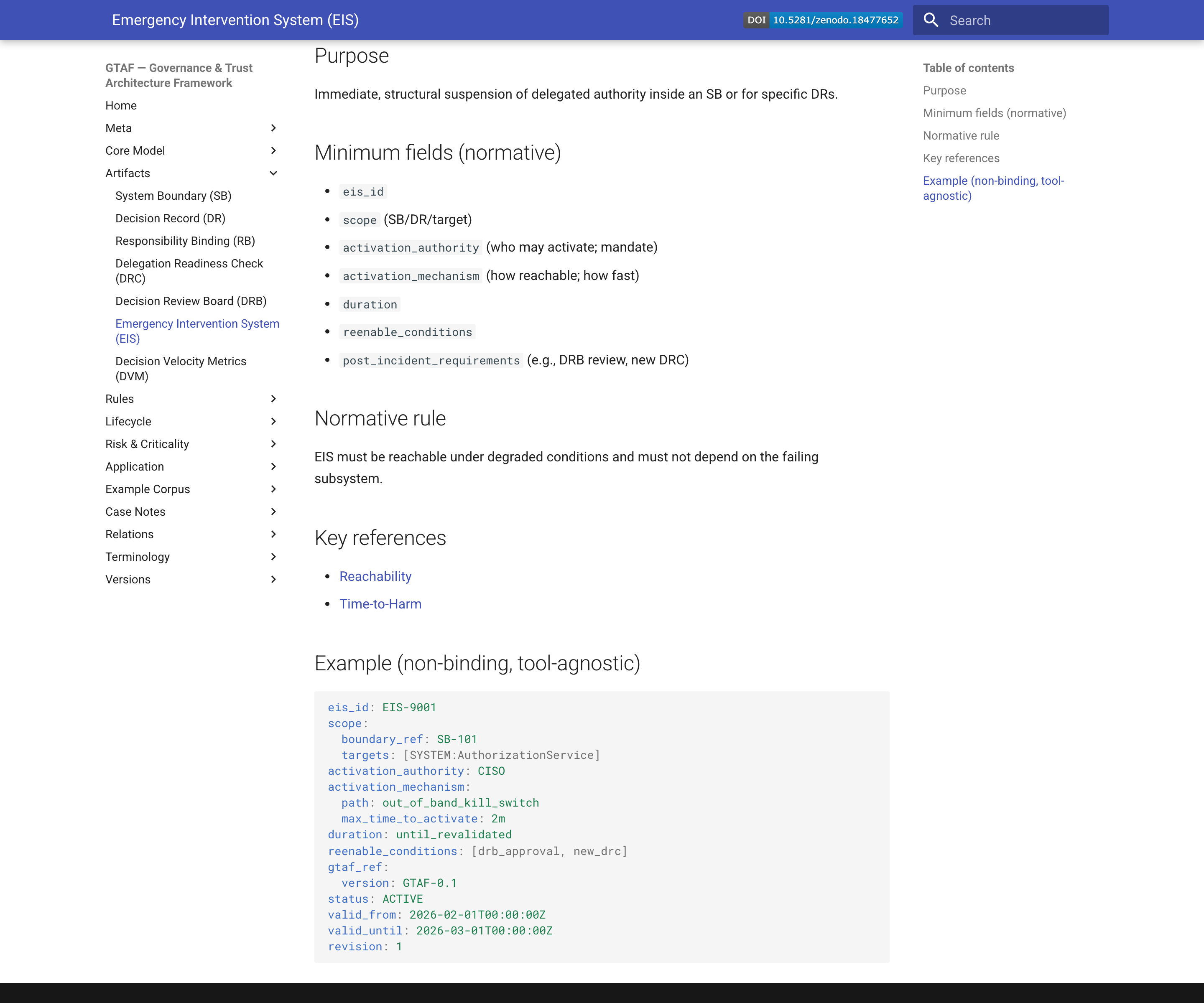 GTAF reference page for the Emergency Intervention System artifact