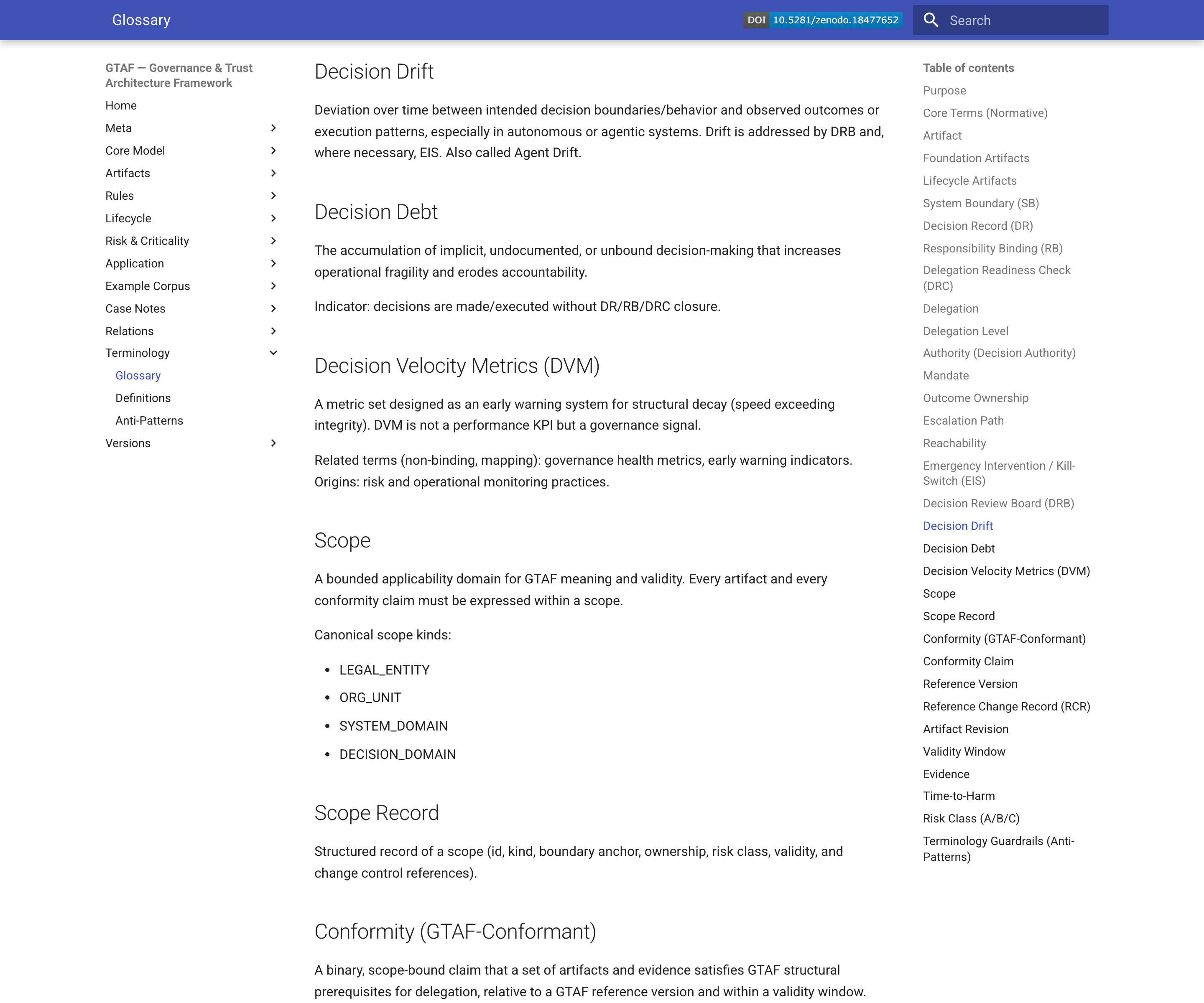 GTAF reference glossary entry for decision drift