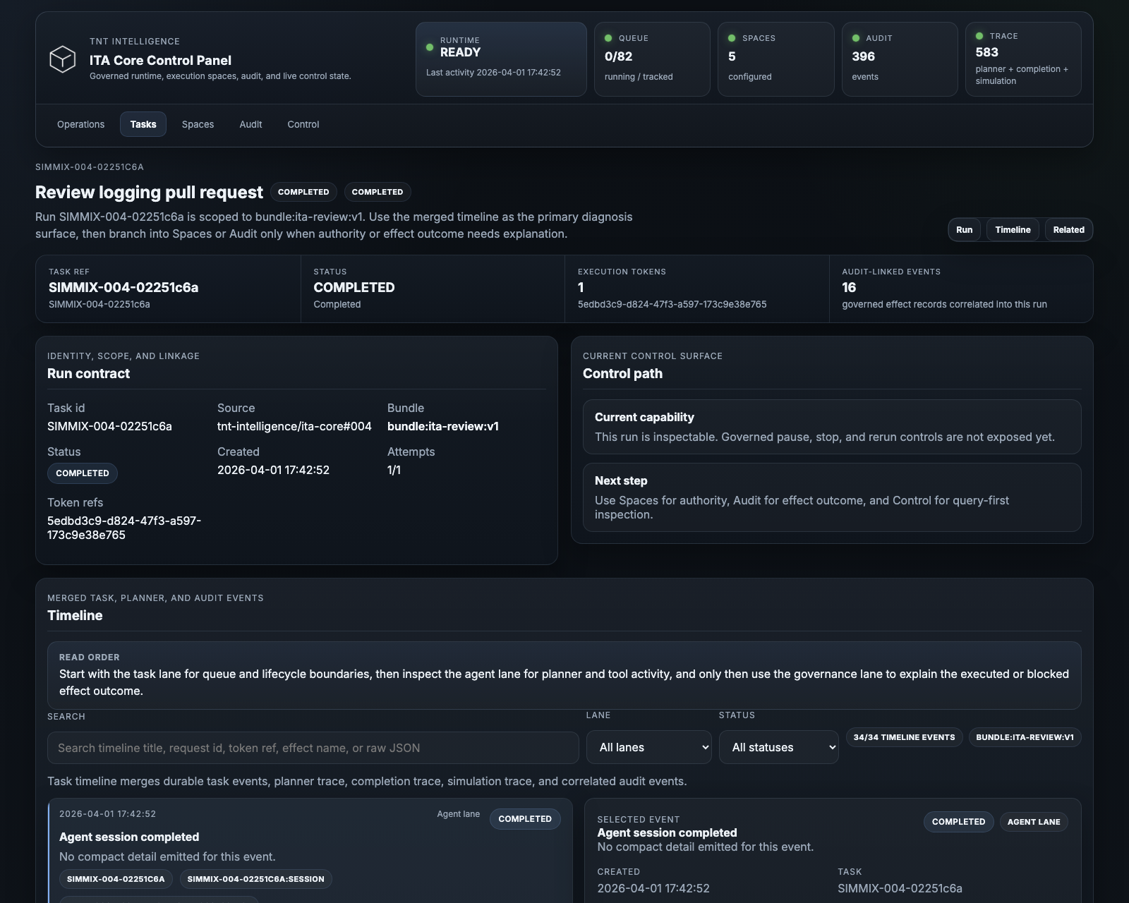 Example ITA control panel with task run detail